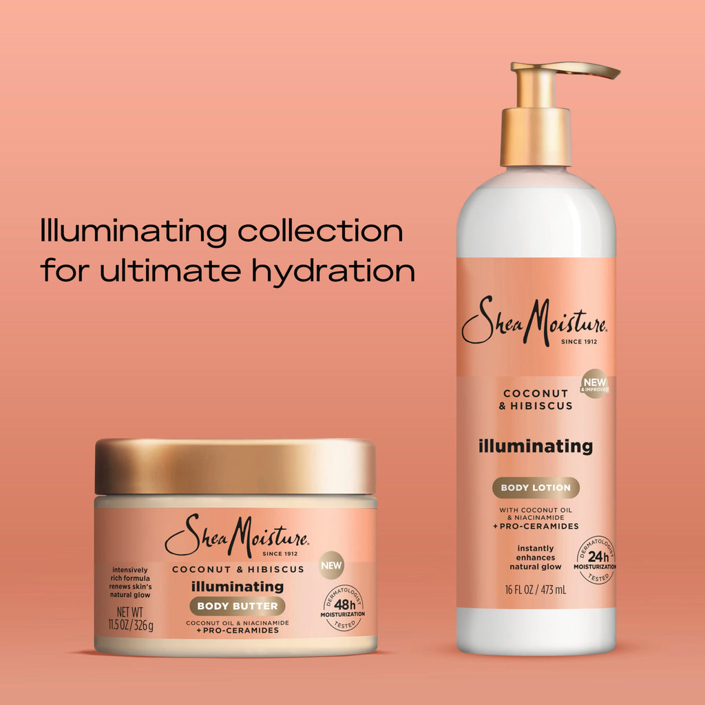 SheaMoisture Illuminating Body Lotion with Coconut Oil, Hibiscus, Niacinamide and Pro-Ceramides, Instantly Enhancing Skin's Natural Glow, 24H Moisturizing 16 oz