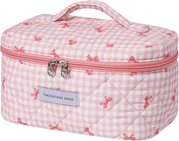 uekeboag Large Travel Quilted Makeup Bag for Women, Floral Cotton Cosmetic Bag, Coquette Aesthetic Floral Toiletry Organizer Bag(11Checker Pink Bow