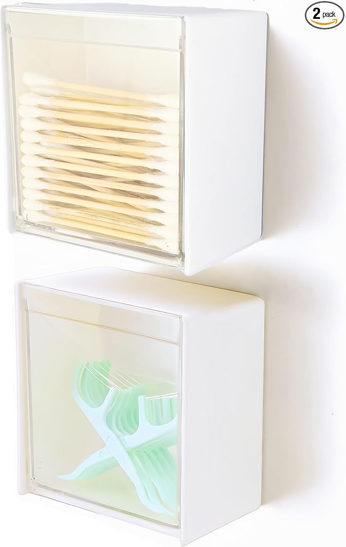 Josphlies Qtip Holder Wall Mount for Cotton Swabs, Balls, Pads, Hair Ties,Floss Picks- Small Plastic Bathroom Wall Organizers and Storage Set,Bedside Shelf,Home Decor,Dorm Room Essentials (2)