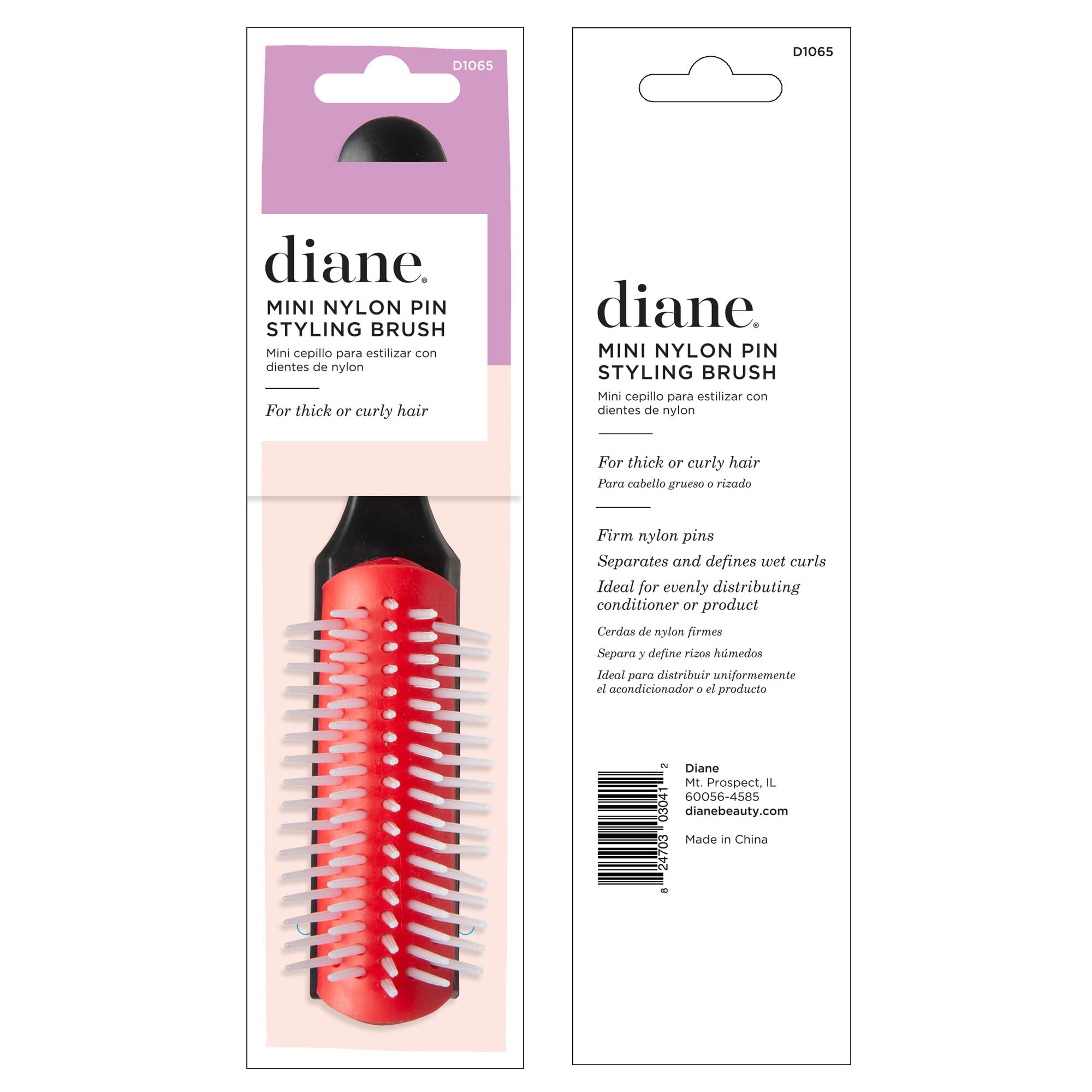Diane Pro Mini Nylon Pin Styling Hairbrush for Detangling, Separating, Shaping, and Defining Wet or Curly Hair, Heat-Resistant, Anti-Static, Travel Essential, Black/Red