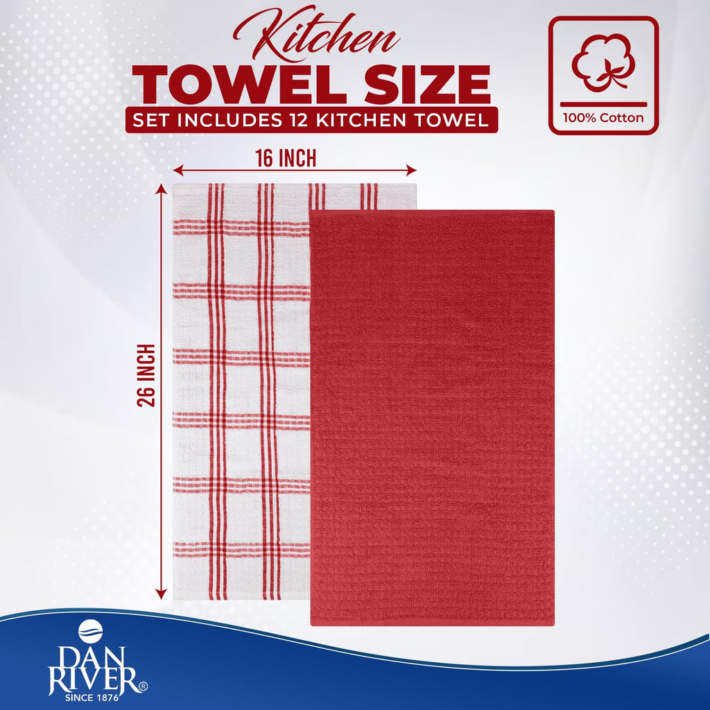 DAN RIVER Red Kitchen Towels, 12 Pack, 16x26 Inches Absorbent Dish Towels