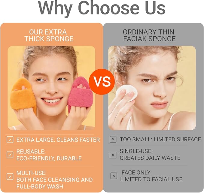 Extra Large Face Scrubber Exfoliator Sponges 3-Pack, Reusable Face Wash Pads with Hand Strap, Exfoliating Facial Sponge Reusable Face Scrub Pads for Daily Cleansing(Pink Orange Green)
