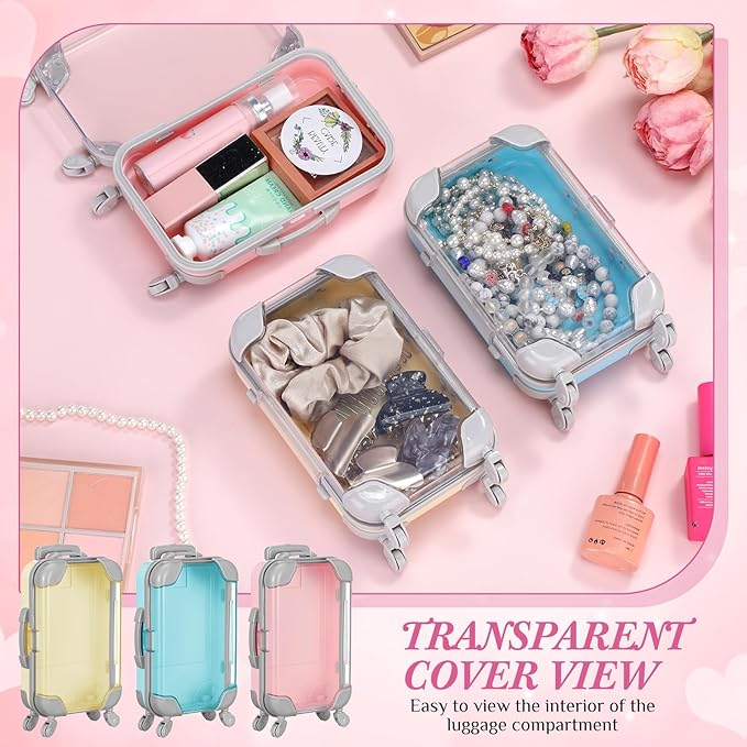 Honeydak 3 Pcs Mini Plastic Suitcase False Eyelashes Tray Luggage Trolley Candy Box Clear Suitcase Packaging Case Party Favor Box for Party Wedding Family Vacation Jewelry Cosmetic Hairpins Storage