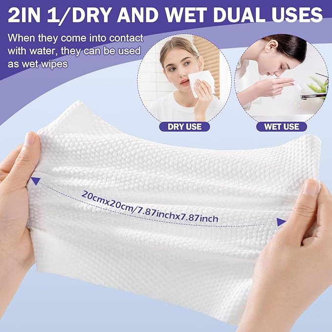 Face Towels, Disposable Face Towelette, Makeup Remover Dry Wipes 100 Count(2 Box), Soft Cotton Dry Wipes Facial Cloths Towelettes for Washing and Drying, Facial Tissue for Cleansing, Skincare