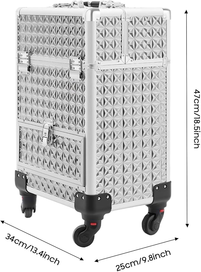 Professional Makeup Case on Wheels with 4 Universal Wheels Rolling Cosmetic Case 13.4 * 9.8 * 18.5in for Salon Travel Silver Mobile Makeup Station with Drawer