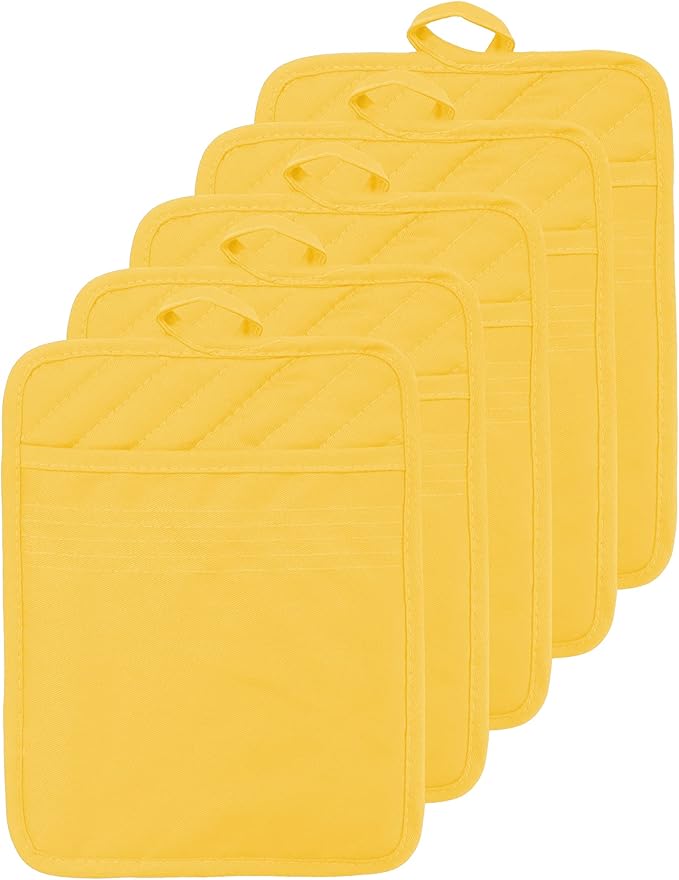 VEIKERY Oven Pot Holder with Pocket Cotton Heat Resistant Coaster Potholder Kitchen Hot Pad Oven Mitts for Cooking Square 7"x9"Set of 5 (Yellow)