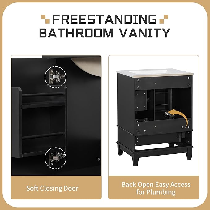 24" Bathroom Vanity with Sink, Harper & Bright Designs Free Standing Single Vanity Set with 3 Drawers and One Door with Storage Racks, Solid Wood Storage Cabinet with Ceramic Basin for Bathroom, Black
