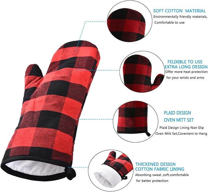 Win Change Oven Mitts and Potholders BBQ Gloves-Oven Mitts and Pot Holders with Recycled Infill Silicone Non-Slip Cooking Gloves for Cooking Baking Grilling (4-Piece Set) (Black/Red)