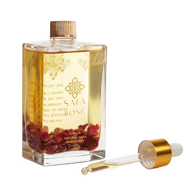 SAFA Rosé Body Oil | Luxury Bulgarian Rose Oil with Real Rose Petals | Fast Absorbing After Shower Hydrating Oil | Moroccan Argan Sweet Almond & Vitamin E | Silky Moisturizer Face & Skin | 4 fl oz