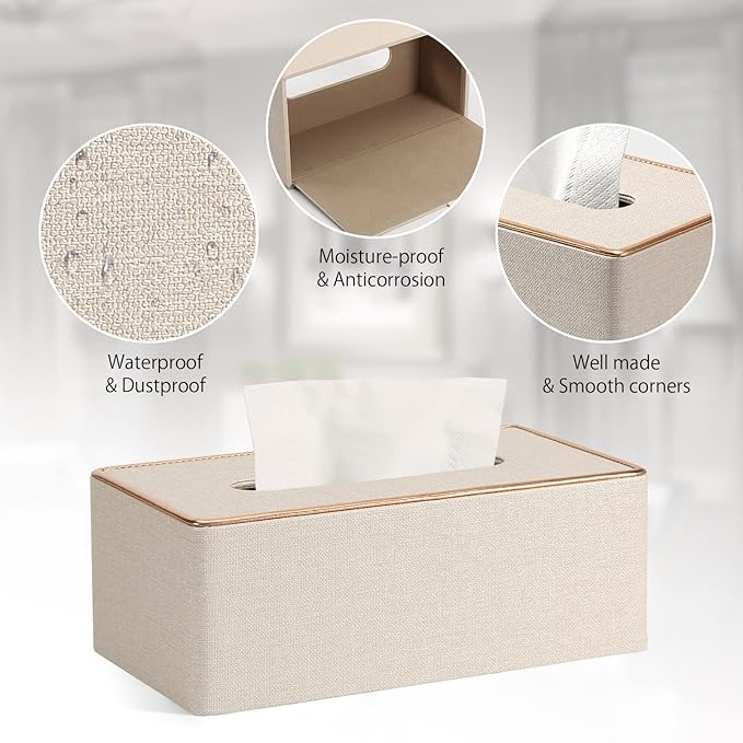 Tissue Box Cover, PU Leather Tissue Box Holder Rectangular Box Covers for Home/Office/Car Decoration 9.84"X5.23"X3.77" - Beige