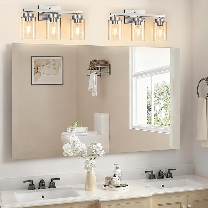 IZORRO Modern Bathroom Light Fixtures, 3 Light Brushed Nickel Vanity Lights, Bathroom Lighting Fixtures Over Mirror with Clear Glass for Living Room Cabinet Bedroom
