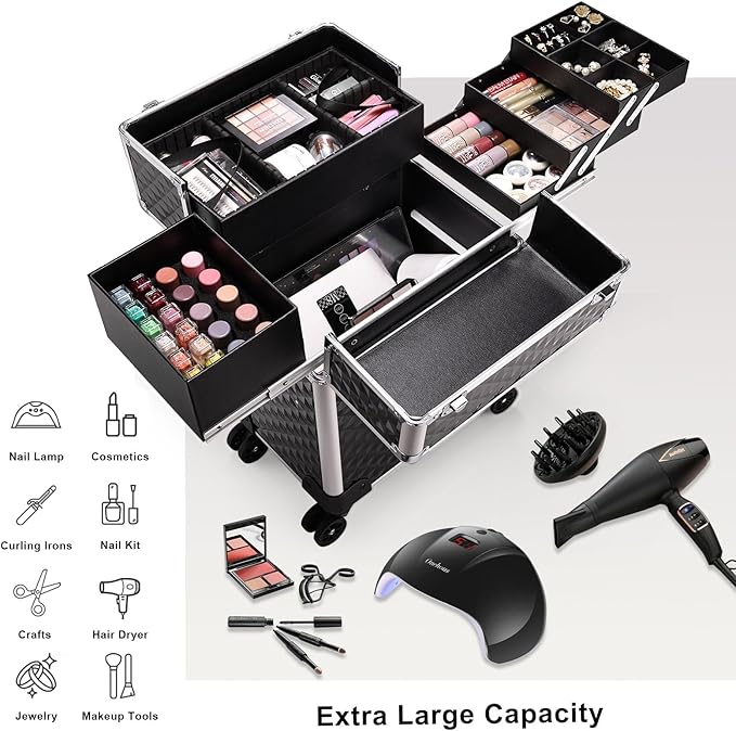 Stagiant Rolling Makeup Train Case Cosmetology Case on Wheels Travel Cosmetic Suitcase Trolley Makeup Luggage Storage Box 4 Tray with Lock Middle Layer Salon Nail Tech Cart Traveling Tattoo Case Black