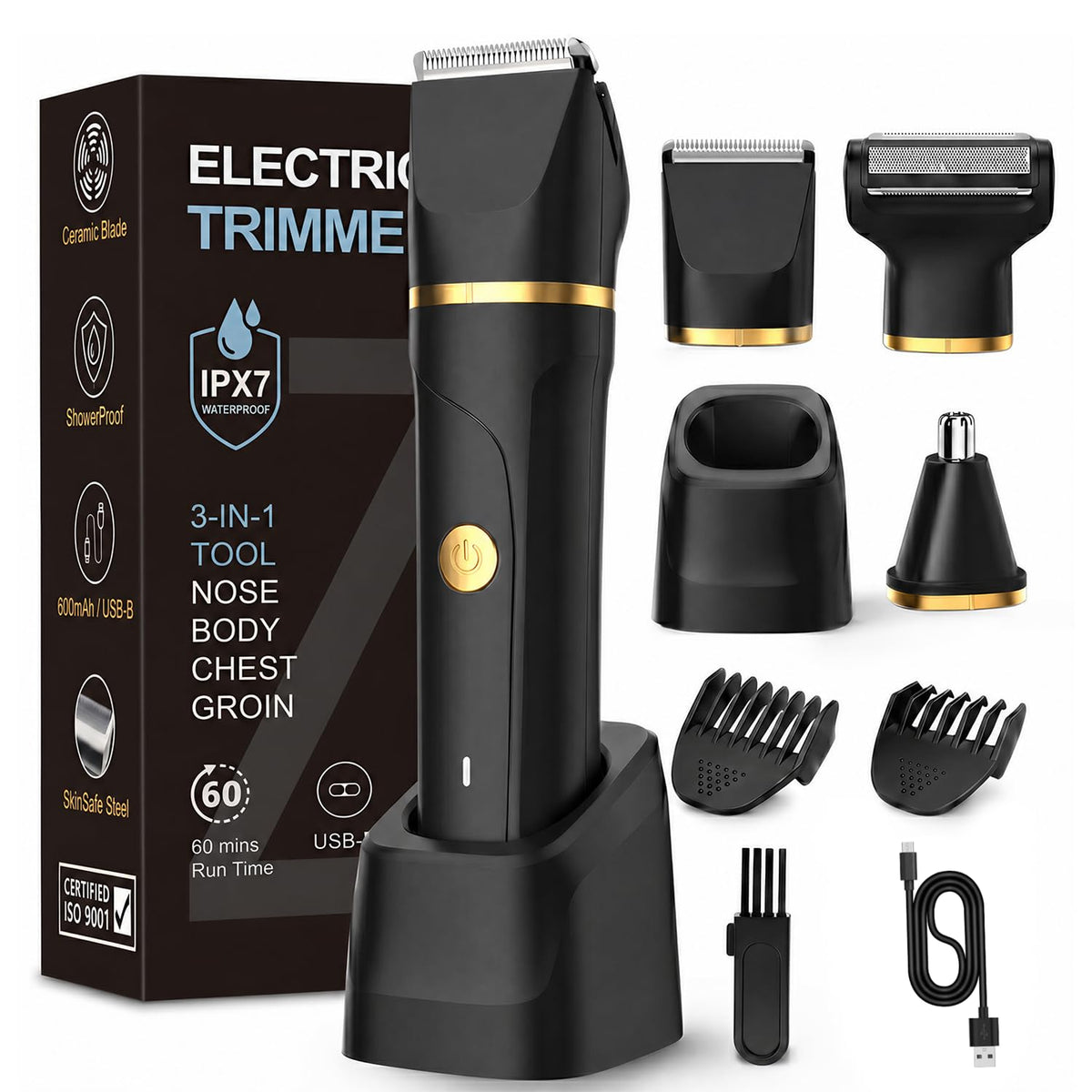 RAXMETRY Beard Trimmer for Men,Manscape 3-in-1 Electric Razor Groin Groomer,IPX7 Waterproof Wet/Dry,Versatile Body Hair Trimmer for Ball/Beard/Nose,USB Rechargeable & Nose/Shaves Head,Glossy Black
