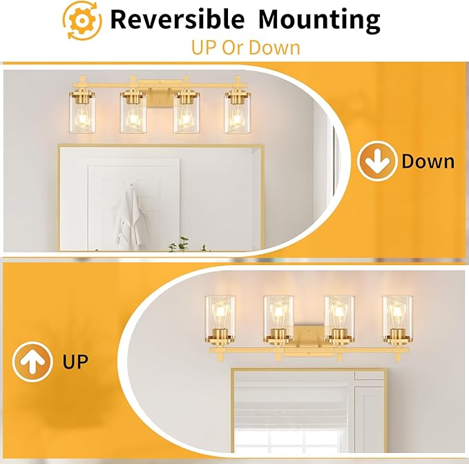 4-Lights Gold Bathroom Vanity Light Over Mirror, Brushed Gold Bathroom Wall Lights with Glass Shades, Indoor Wall Mounted Lamp for Living Room Bedroom Hallway