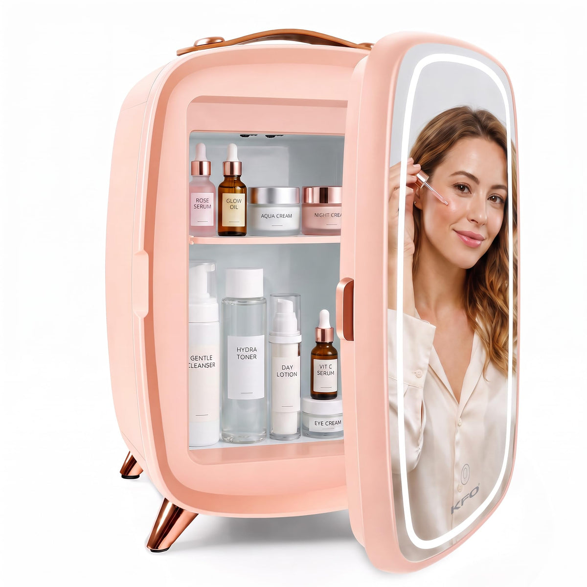 KFO Mini Skincare Fridge 6L – Beauty Fridge with 7° Tilted LED Mirror & 3-Mode Light, Portable Cosmetic Cooler for Makeup Serums, 43°F 20dB Quiet, 100-240V Small Fridge for Bedroom Bathroom Office