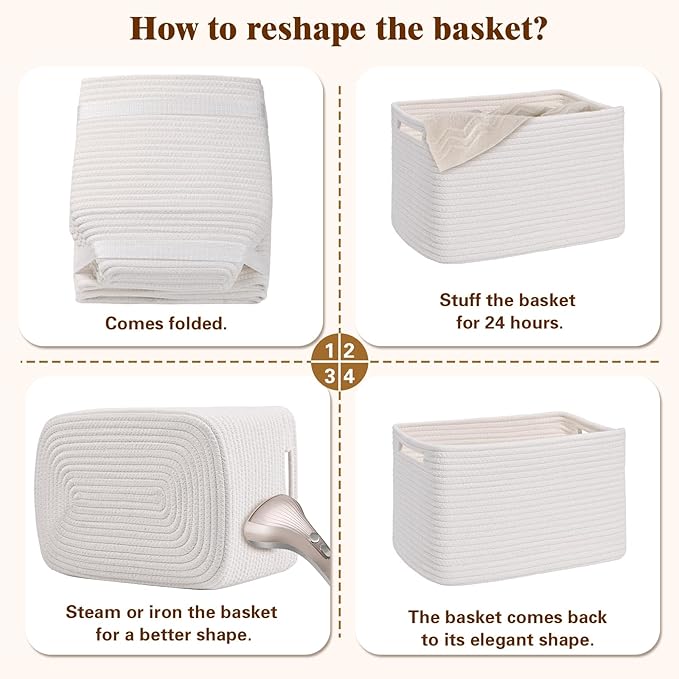 Storage Baskets for Organizing, 4 Pack Baskets for Shelves, Decorative Storage Bins for Shelves, Cotton Rope Storage Basket with Handles, Woven Basket for Storage, 13''Lx8.7''Wx7.9''H, White