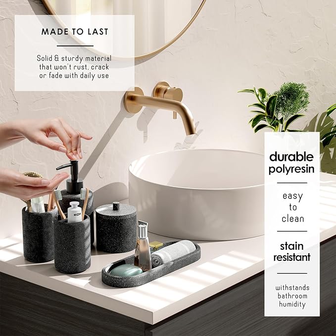 Clara Clark Coal Black Bathroom Set - Bathroom Sets with Shower Curtain and Rugs, 21PC Bathroom Accessory Set, Shower Curtain Set with Soap Dispenser & Toothbrush Holder