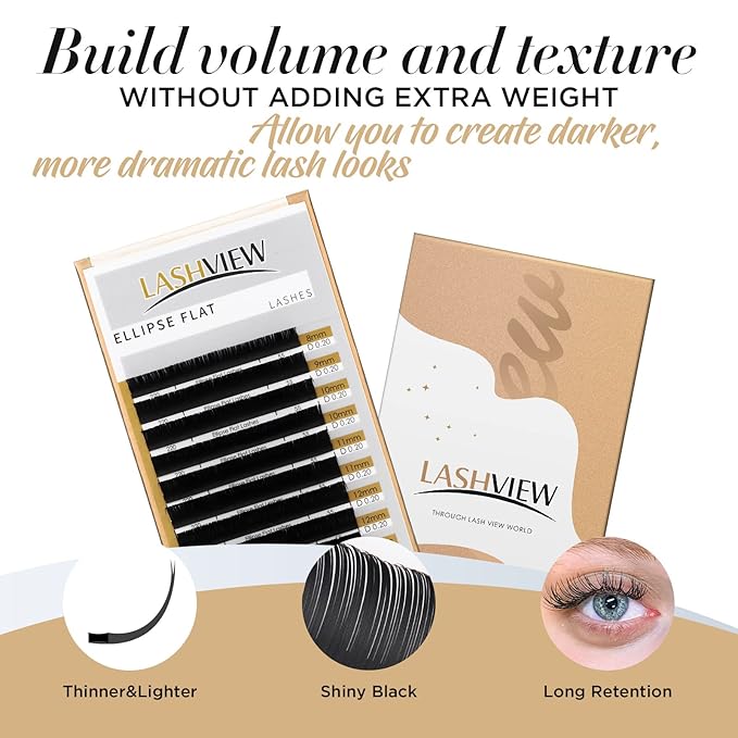 LASHVIEW Eyelash Extensions,Ellipse Flat Eyelash Extensions 0.20mm D Curl 11mm, Black,Individual Lashes,Semi-Permanent Extremely Soft Professional Salon Use