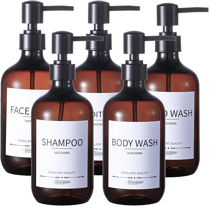 Mithrgrous Shampoo and Conditioner Bottles(5Pack),Shampoo Dispenser for Shower,Bottles Refillable with Pump,Bathroom Dispenser Sets(Amber)