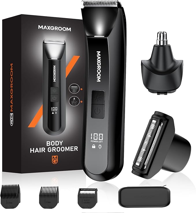 MAXGROOM Manscape 3-In1 Body & Pubic Hair Trimmer for Men, IPX7 Waterproof Ball & Groin Shaver with LED Light, Electric Razor with Travel Pouch & USB Rechargeable, Gifts for Men (Black)