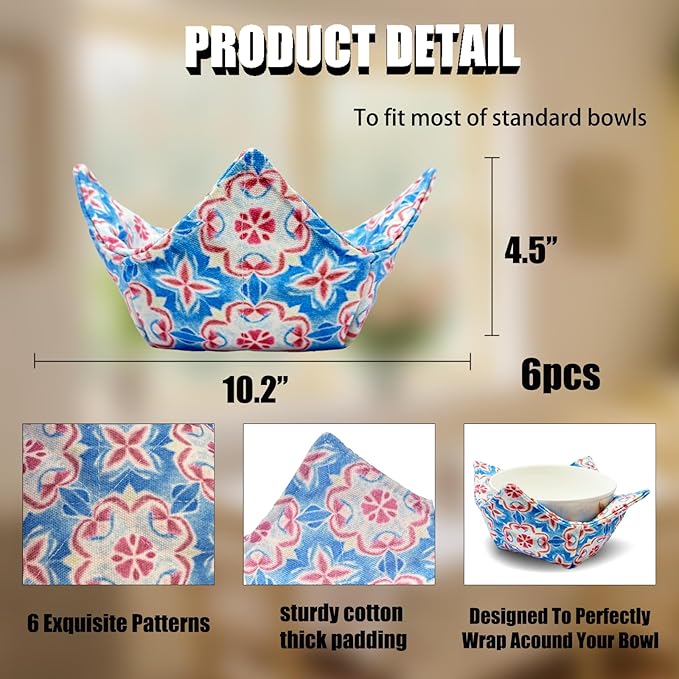 JounLoin Cotton Microwavable Bowl Cozy ，Set of 6，Microwave-Safe Hot Bowl Holders, Soup Bowl Cozy Hot Pads，Prevent Hand from Heat and Maintain Food Warm，Ideal Household Gift Store (C)