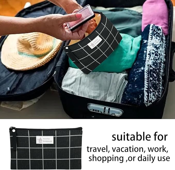 SHEHARUHI 3 Pcs Canvas Makeup Bags Set Cosmetic Small Bag Printed Cute Vacation Travel Toiletry Purse Zipper Pouch Multi-Function Bag Women Girls Favor