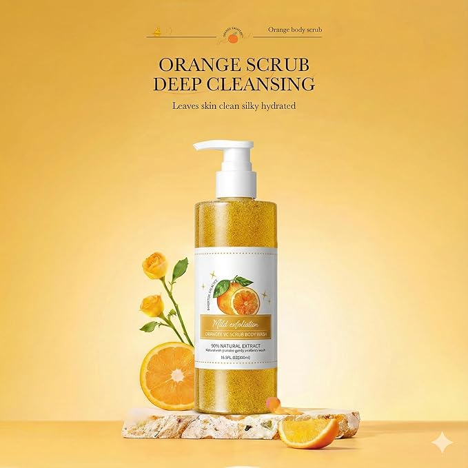 Wayfengli Orange Exfoliating Body Wash - [300ml] Vitamin C Brightening Shower Gel with Natural Scrub - Citrus Scented Mild Body Scrub for Glowing Skin & Roughness - Refreshing Daily Cleanser