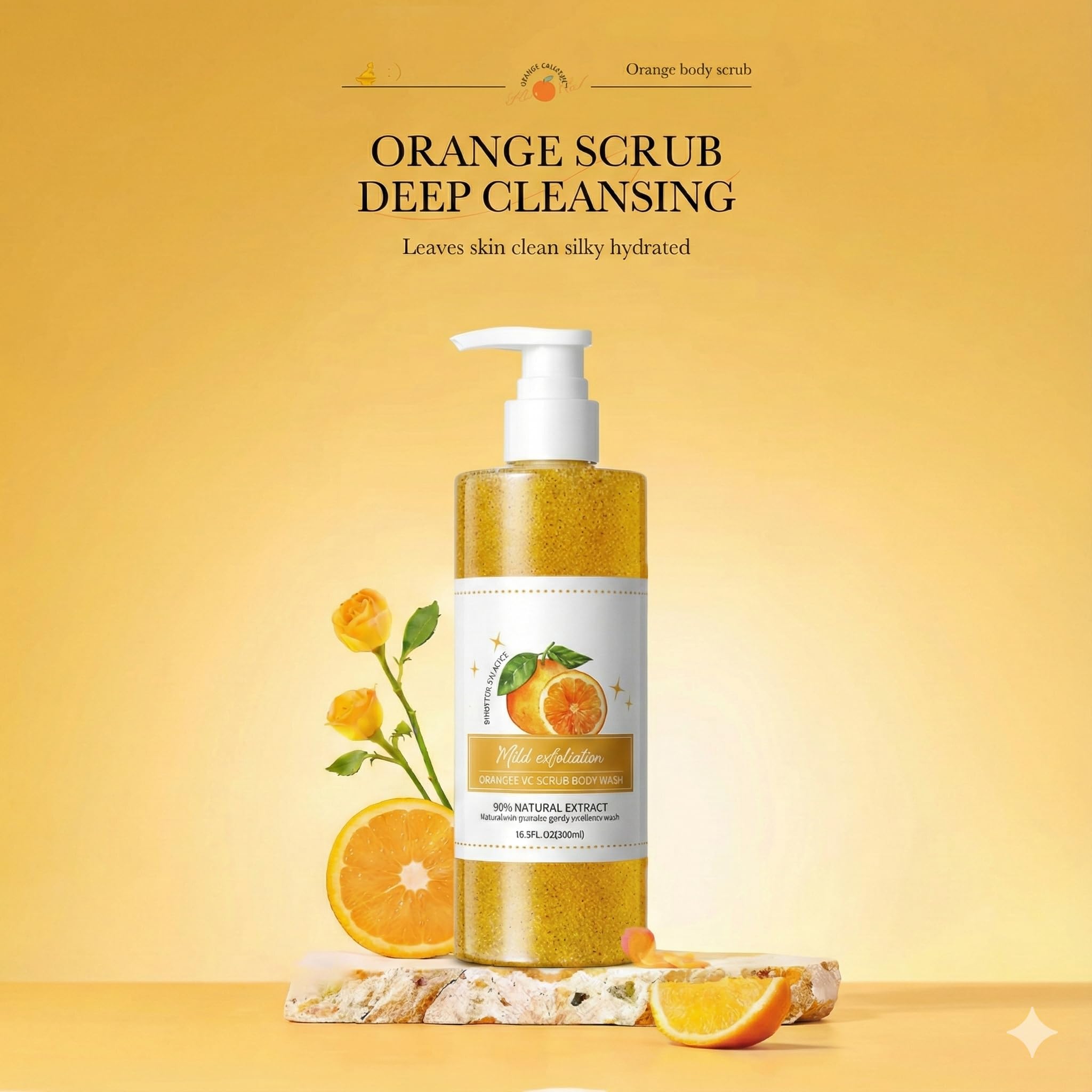 Wayfengli Orange Exfoliating Body Wash - [300ml] Vitamin C Brightening Shower Gel with Natural Scrub - Citrus Scented Mild Body Scrub for Glowing Skin & Roughness - Refreshing Daily Cleanser