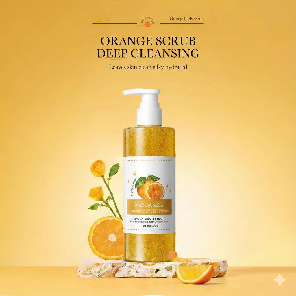 Wayfengli Orange Exfoliating Body Wash - [300ml] Vitamin C Brightening Shower Gel with Natural Scrub - Citrus Scented Mild Body Scrub for Glowing Skin & Roughness - Refreshing Daily Cleanser