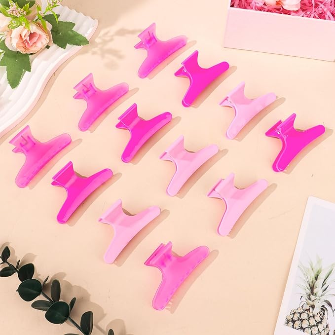 BAHABY Hair Clips for Styling Sectioning 12 PCS Pink Hot Pink Butterfly Clamps Hair Claw Clips Pro Salon Hair Clips for Styling, Sectioning, Cutting and Coloring