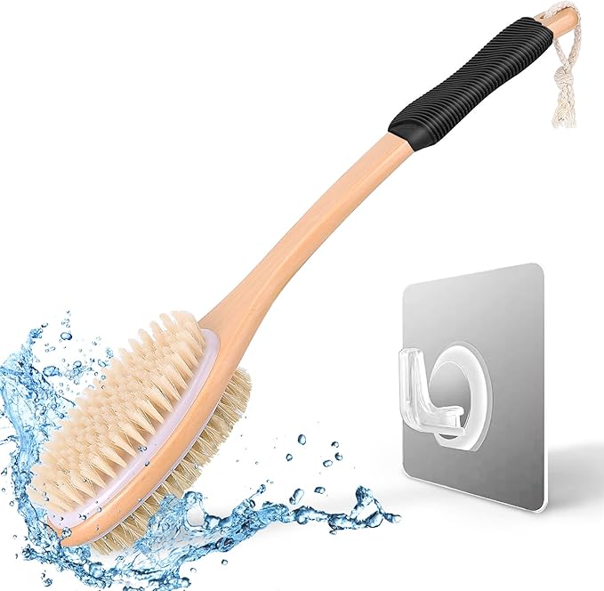 KIPRITII Ergonomically Back Scrubber for Shower,Double-Sided Back Long Handle Wet & Dry Brush for Cellulite and Lymphatic (Black)