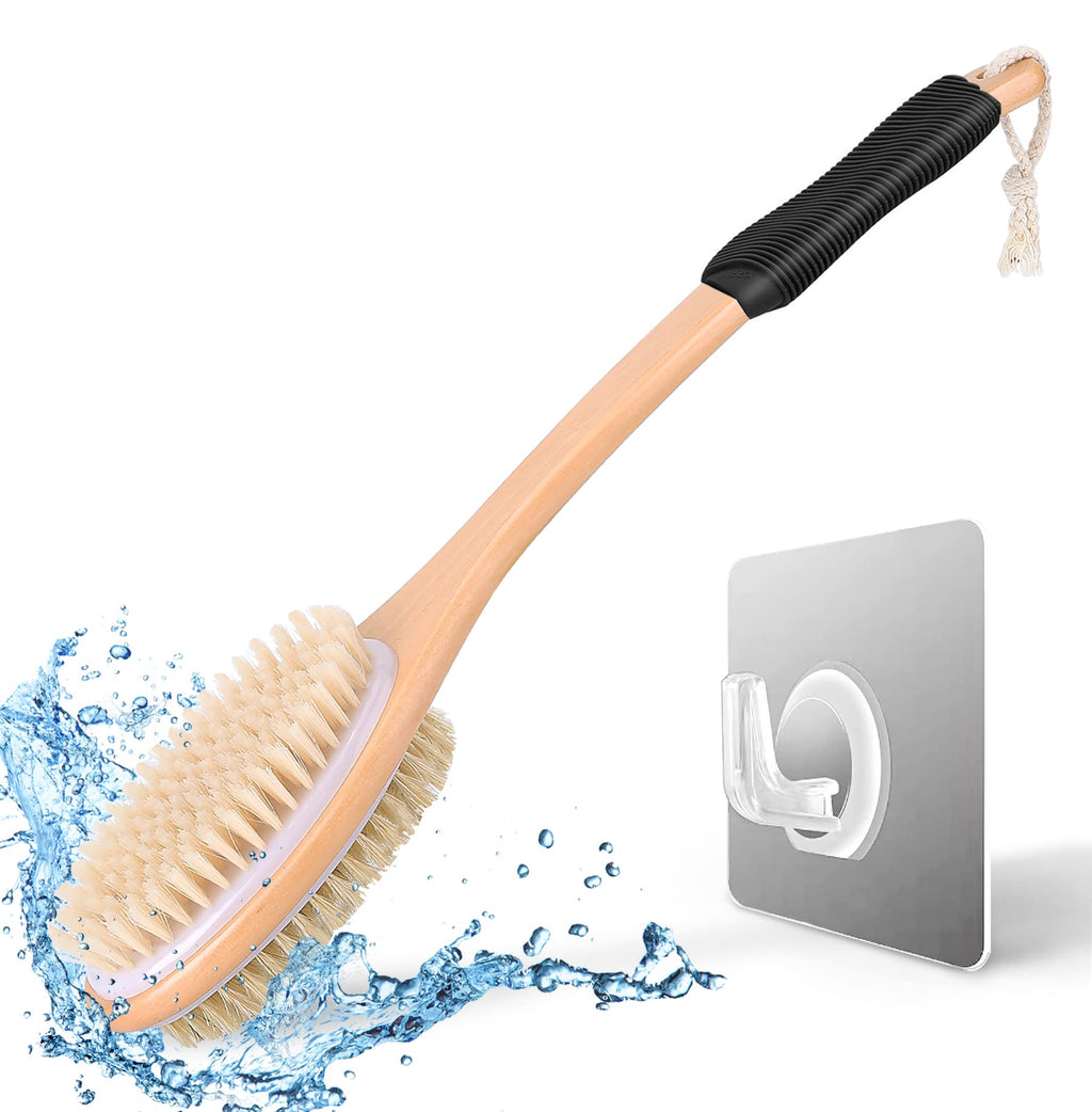 KIPRITII Ergonomically Back Scrubber for Shower,Double-Sided Back Long Handle Wet & Dry Brush for Cellulite and Lymphatic (Black)
