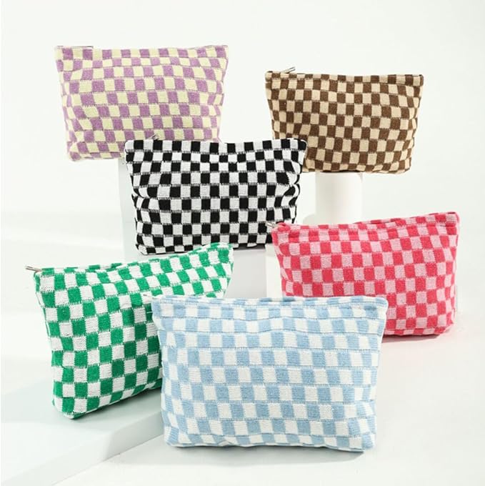 SxoSyo Checkered Cosmetic Bags for Purse, Large Makeup Pouch, Pink