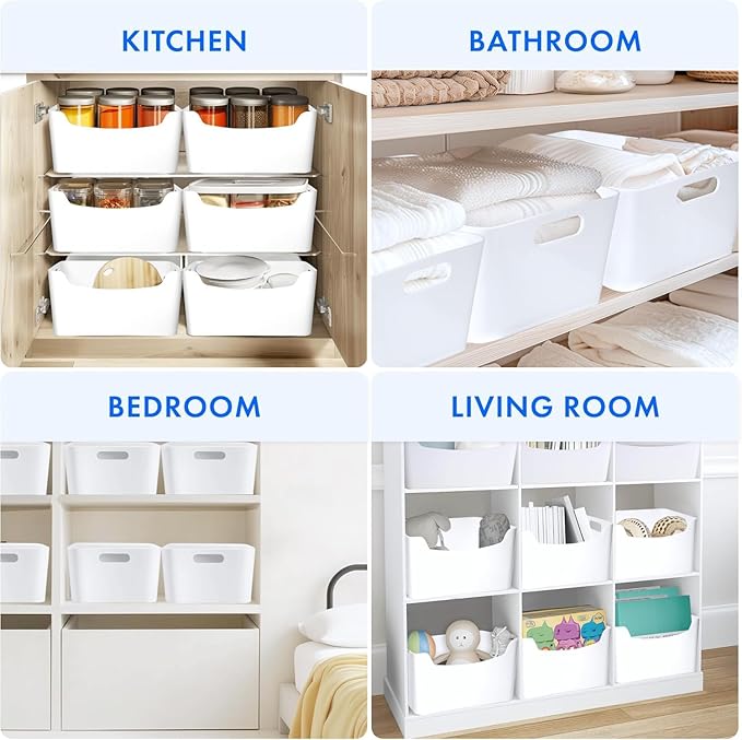 Ytteve 6-Pack Mixed Size White Plastic Storage Bins – Includes 2 Large (13"x9.5"x5.7") & 4 Medium (9.5"x6.7"x4.1") – Stackable Shelf Organizers for Kitchen Pantry, Closet, Bathroom, Office & Cabinet