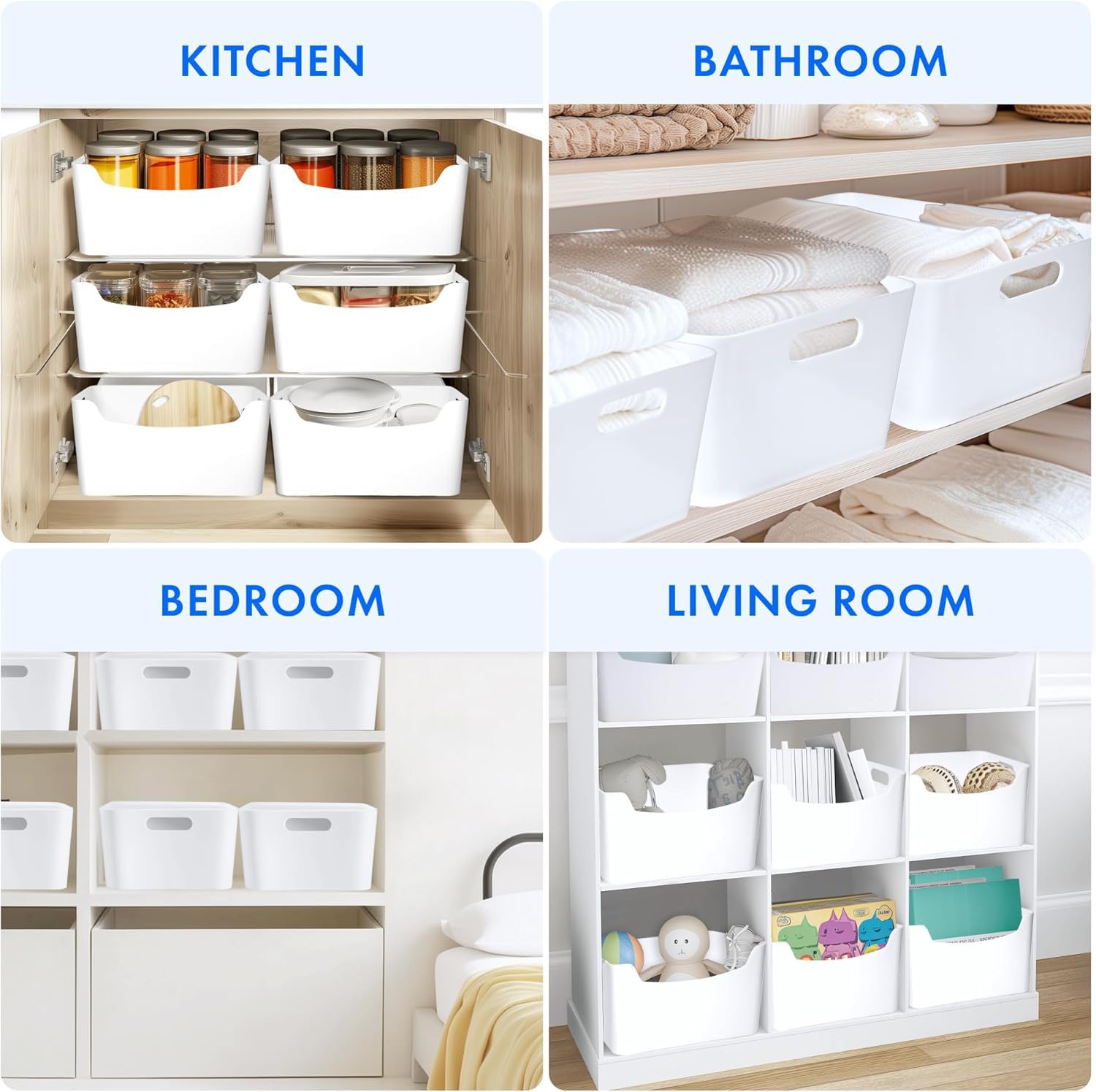 2 Pack Large Plastic Storage Bins with Handles, Versatile 13.7x10.2x5.7 Inch White Organizer Containers for Kitchen, Pantry, Closet, Bathroom, Office, Cabinet, Drawer, Snack, Toy & Makeup Organization