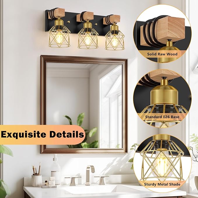 FadimiKoo Black and Gold Vanity Light, 3-Light Farmhouse Vanity Light, Bathroom Light Fixtures Over Mirror, Industrial Indoor Wall Mounted lamp for Bathroom, Living Room, Cabinet, Bedroom