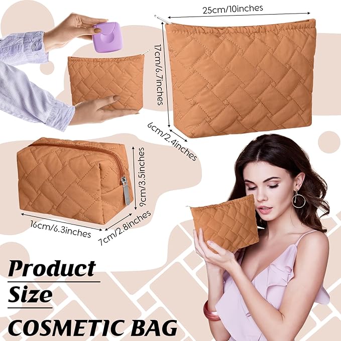 2 Pc Christmas Gift Makeup Bag Set Cute Quilted Cosmetic Pouch for Women Travel Toiletry Bag Preppy Small Makeup Purse Pouch Skincare Brushes Storage Organizer Pencil Case Set(Brown)
