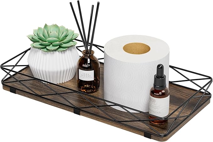 Toilet Paper Basket Holder, 13" Toilet Tank Tray, Wood and Metal Toilet Tray Vanity Organizer Bathroom Tray, Kitchen Sink Organizer for Soap Dispenser (Brown+Black)