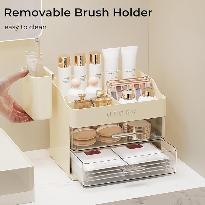 UFORU Makeup Organizer for Vanity with Brush Holder, Countertop Skincare Organizer with 2 Drawers, Spacious Cosmetic Display Case for Perfumes, Eyeshadow Palettes, Nail Polishes