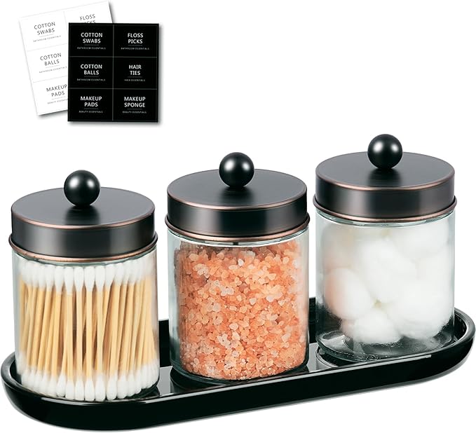 SheeChung 3pcs Glass Qtip Holder with Tray - Oil Rubbed Bronze Bathroom Storage Jars - Apothecary Jar Set for Cotton Swabs & Floss Picks - Decorative Vanity Organizer