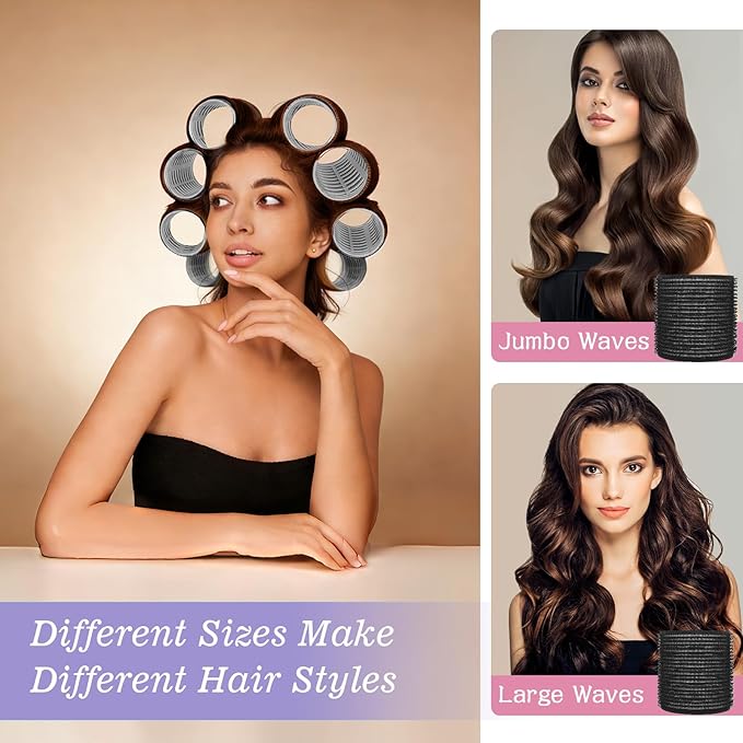 6Pcs 64mm Jumbo Hair Rollers & 6Pcs 55mm Large Hair Rollers, Large Rollers for Long Hair, Women with 12 Hair Clips, Storage Bag -Black