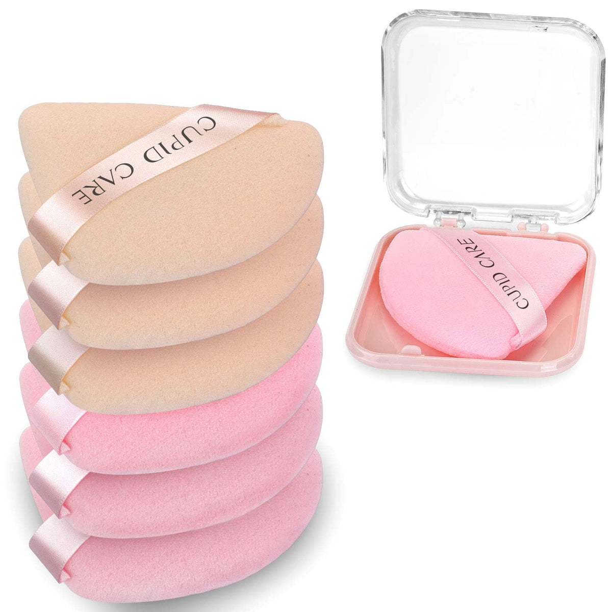 CUPID CARE 6 Pcs Triangle Powder Puff with 2 Travel Cases, Setting Powder Puffs for Face Powder and Foundation, Velour Makeup Puff for Loose Powder Body Powder, Skin-Friendly, Beauty Makeup Tools-Red