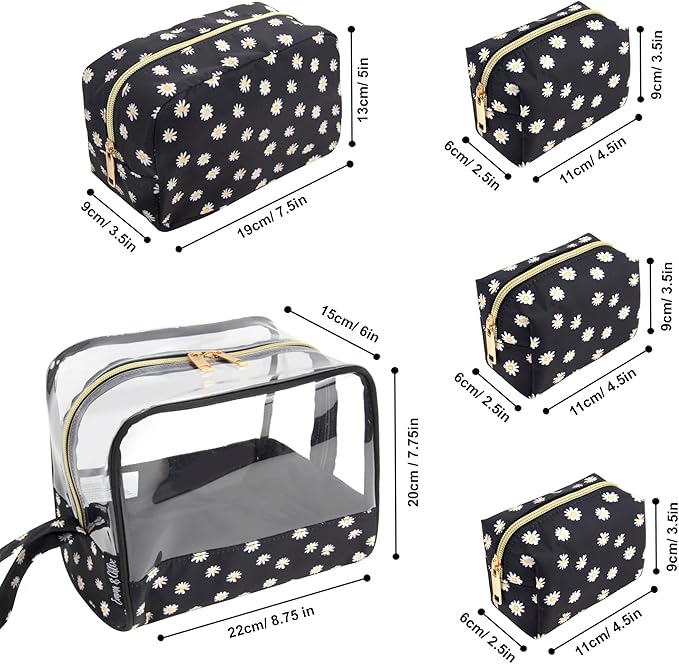 Emma & Chloe Travel Toiletry Bags for Women, 5 Piece Waterproof Cosmetic Case, Bag, Pouch Makeup Organizer Set for Women, Home Counters (Delicate White Daisies)