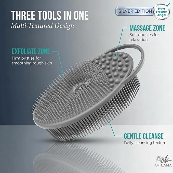 Avilana Silicone Body Scrubber for Shower – SGS Certified Food Grade Dual Sided Bath Brush, Gentle Exfoliating Silicone Loofah Alternative, Sensitive Skin Body Brush (Gray-Silver, Exfoliate)