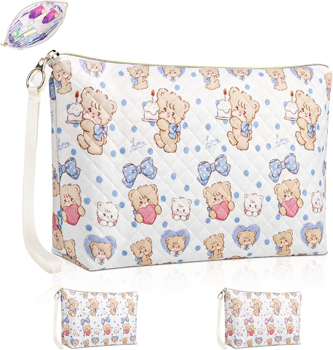 Playexen Period Bag for Teen Girls, Quilted Sanitary Napkin Storage Bag, Cute Bears Menstrual Pad Pouch Tampon Holder (Large-Blue)