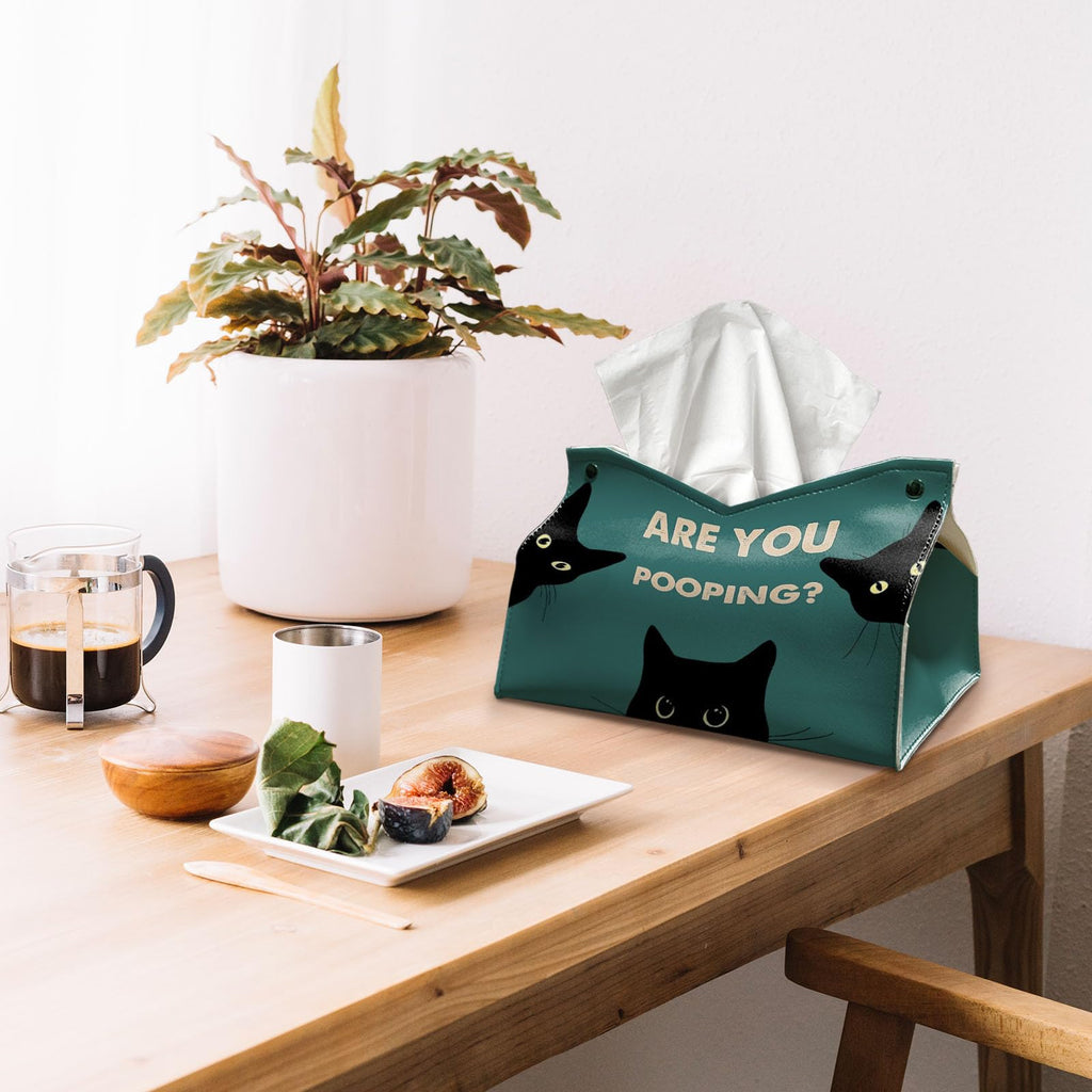 Funny Rectangle Tissue Box Cover for Bathroom, Cute Cat Tissue Box Holder, are You Pooping Funny Bathroom Decor, Vintage Green PU Facial Paper Case Cats Gifts for Cat Mom Women 9.8x5.9x5.9