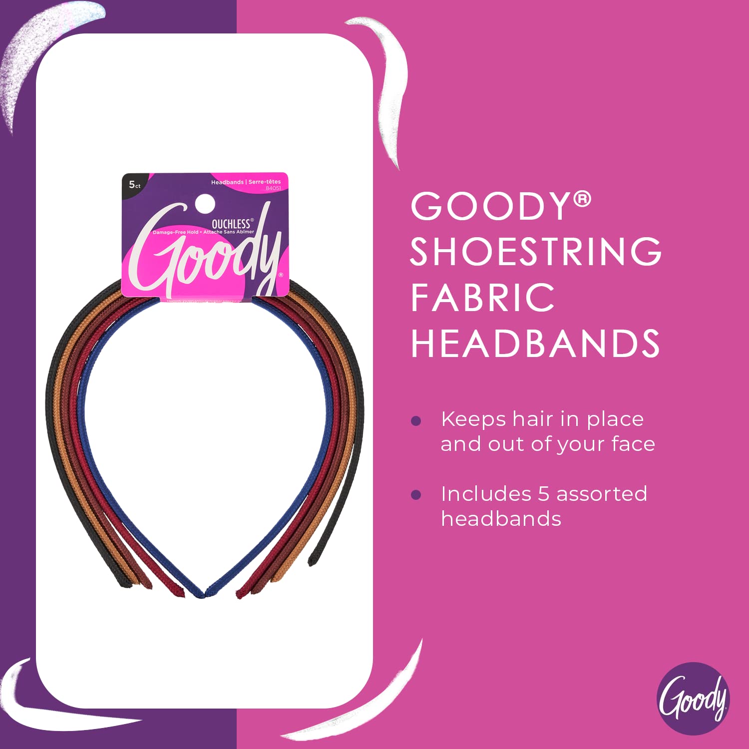 Goody Ouchless Shoestring Headbands, 5 Ct, Assorted Colors, Stylish & Lightweight Thin, Damage-Free Fabric Headbands for Women & Men, All-Day Comfort, For All Occasions, All Hair Types