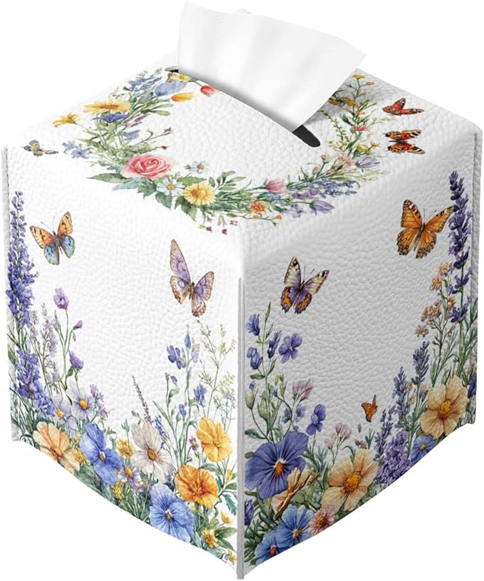 Wildflower Tissue Box Cover Colorful Spring Butterfly Garden Leather Tissue Box Holder Square Facial Paper Organizer Dispenser for Bathroom Kitchen Bedroom Vanity Countertop Night Stands