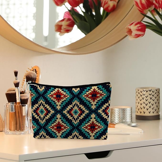 RYYCDOI Boho Aztec Makeup Bag, Ethnic Southwestern Navajo Tribal Cosmetic Bag for Women, Western Gifts and Accessories