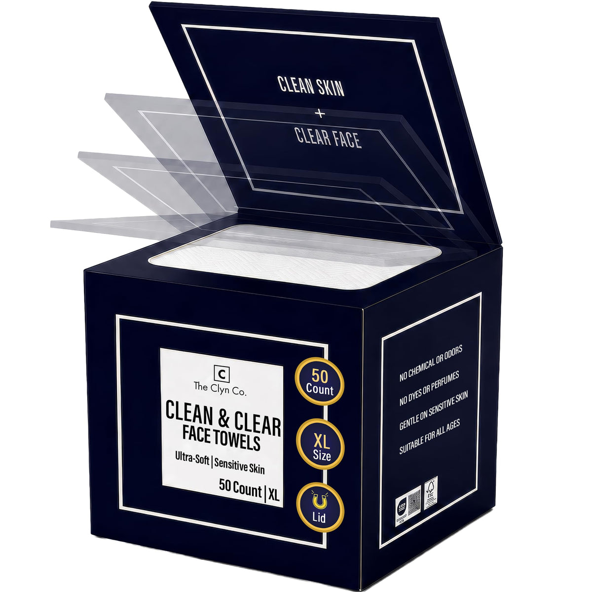 The Clyn Co. Clean & Clear Disposable Face Towels for Sensitive Skin, 50 Ct